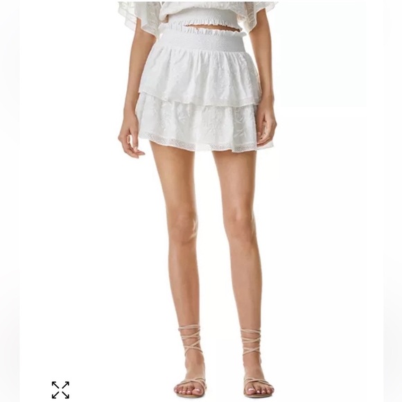 Alice + Olivia Jojo Embroidered Tiered Ruffle Mini Skirt Smocked Waist NWT US 8 - Picture 8 of 8